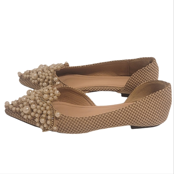 Pearl Embellished Pointed Toe Slip On Shoes Sophisticated Tan Tweed Flats 7.5 - Picture 4 of 14